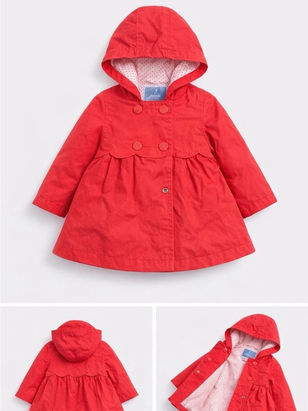 Jacadi Paris | Girl’s Scalloped Crimson Trench Coat with Polka Dot Lining